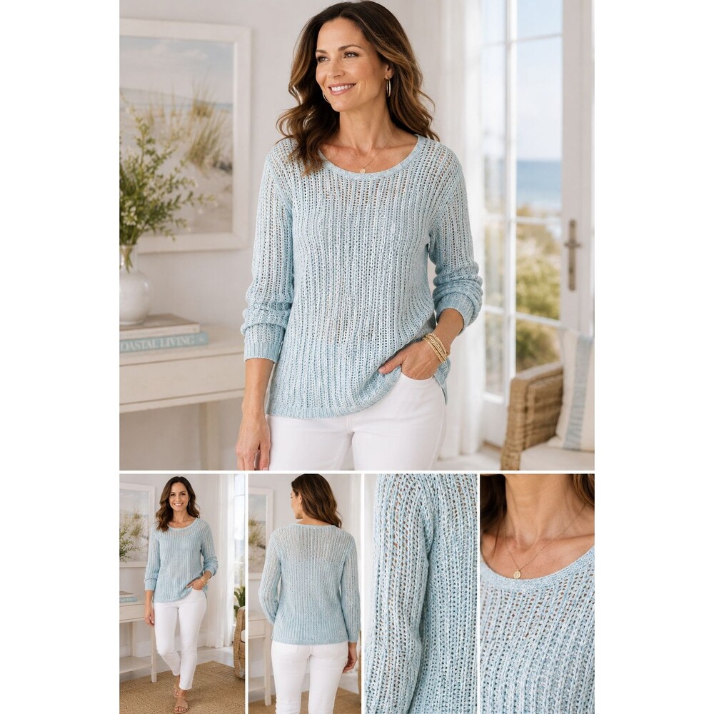 Talbots 100% Cotton Open Knit Sweater Women's XS Aqua Blue Lightweight Pullover